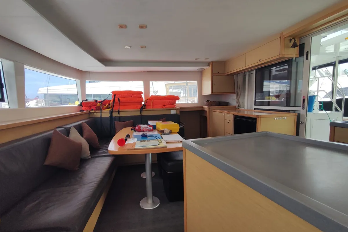 Salon of Maui, a Lagoon 450 Sport catamaran at Roche Caiman, Seychelles