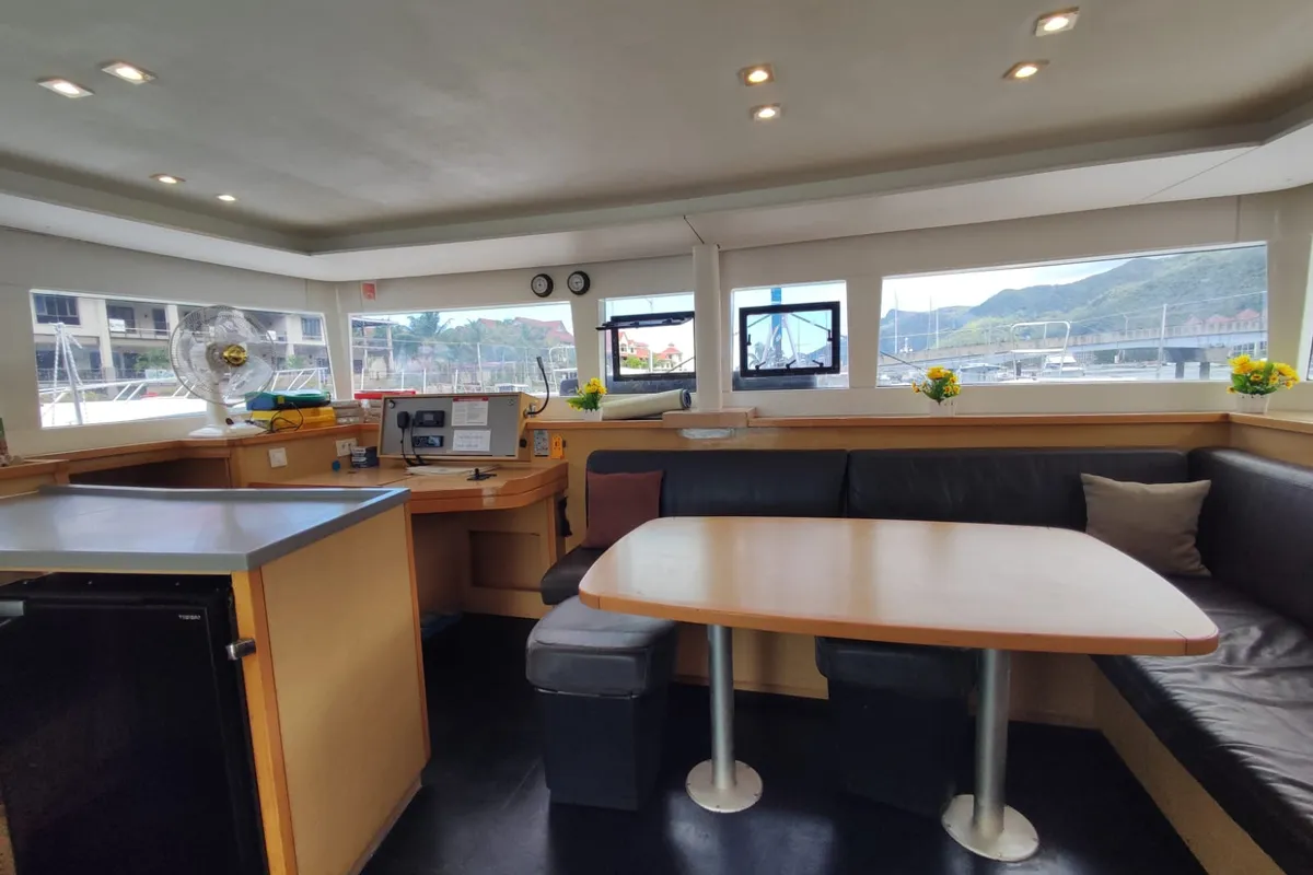 Salon of Maui, a Lagoon 450 Sport catamaran at Roche Caiman, Seychelles