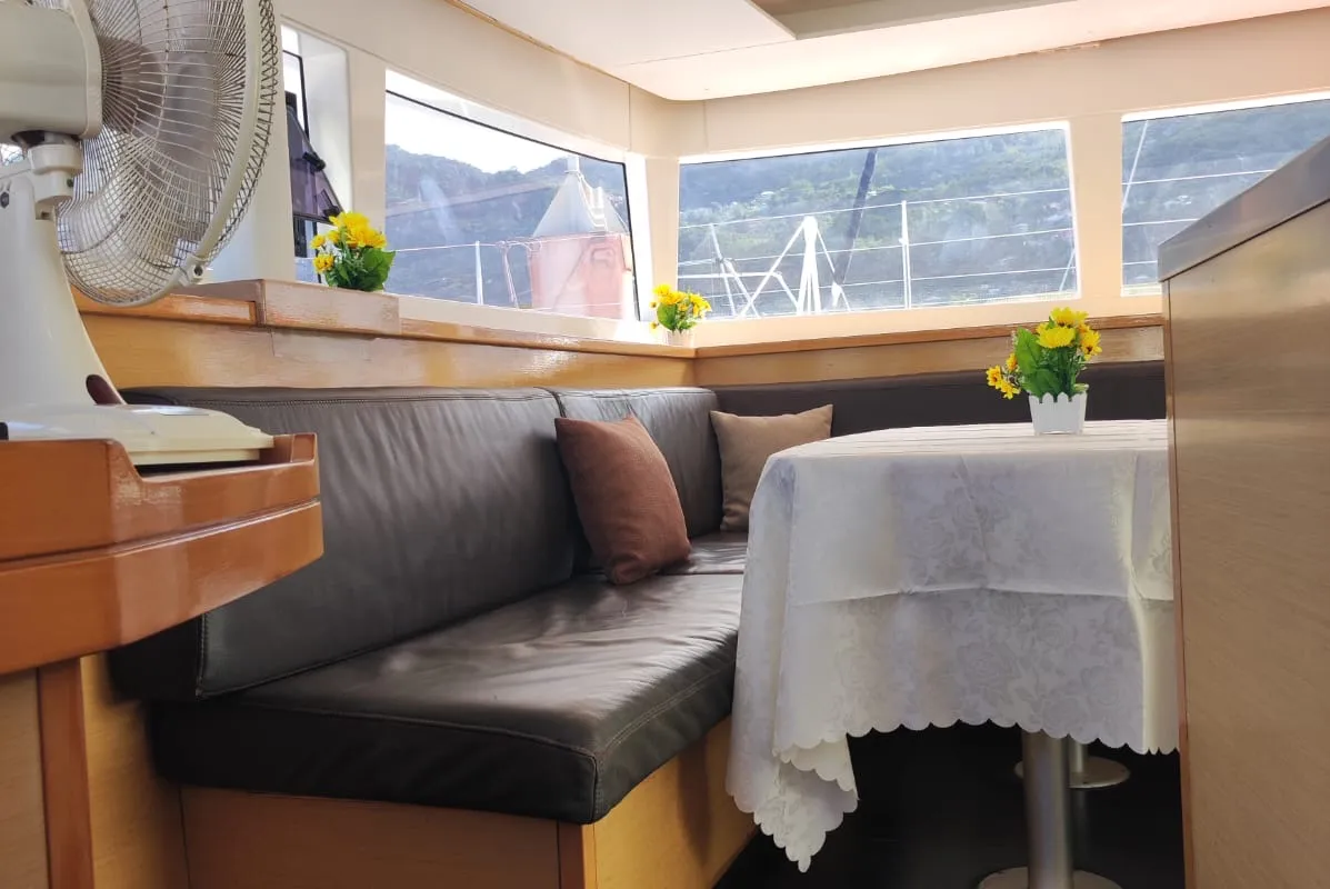 Salon of Maui, a Lagoon 450 Sport catamaran at Roche Caiman, Seychelles