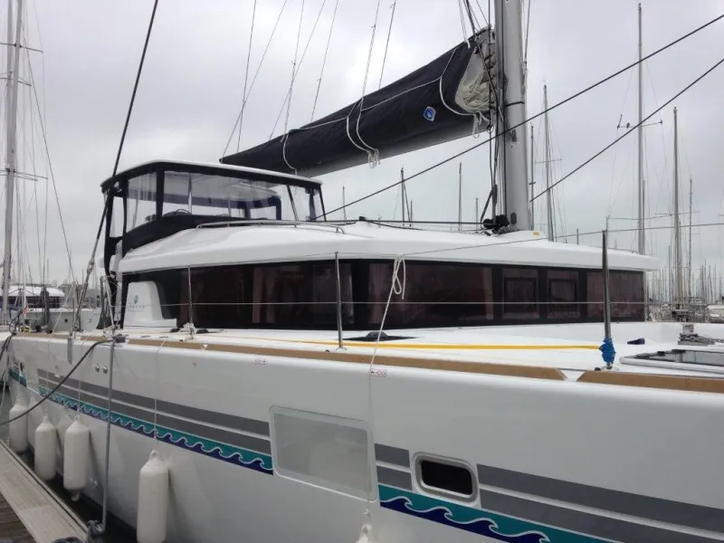 Exterior view of Maui, a Lagoon 450 Sport catamaran at Roche Caiman, Seychelles