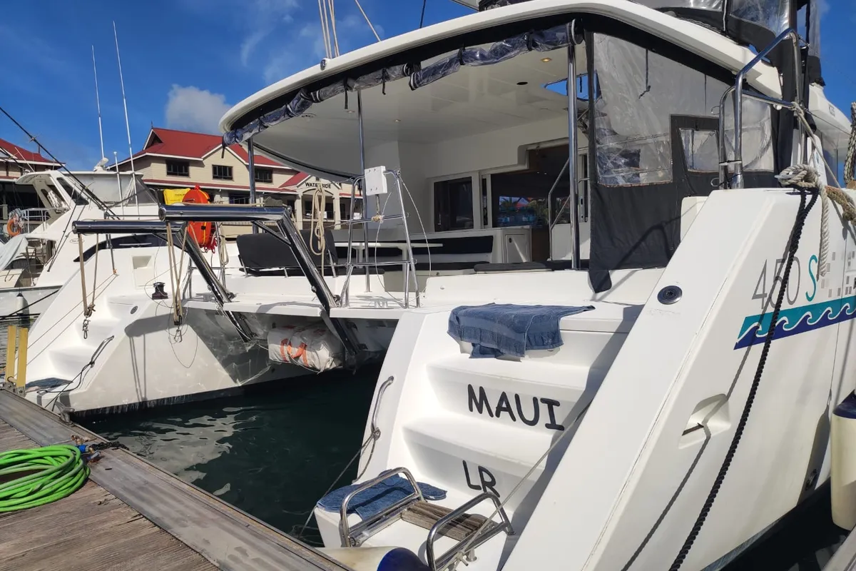 Exterior view of Maui, a Lagoon 450 Sport catamaran at Roche Caiman, Seychelles