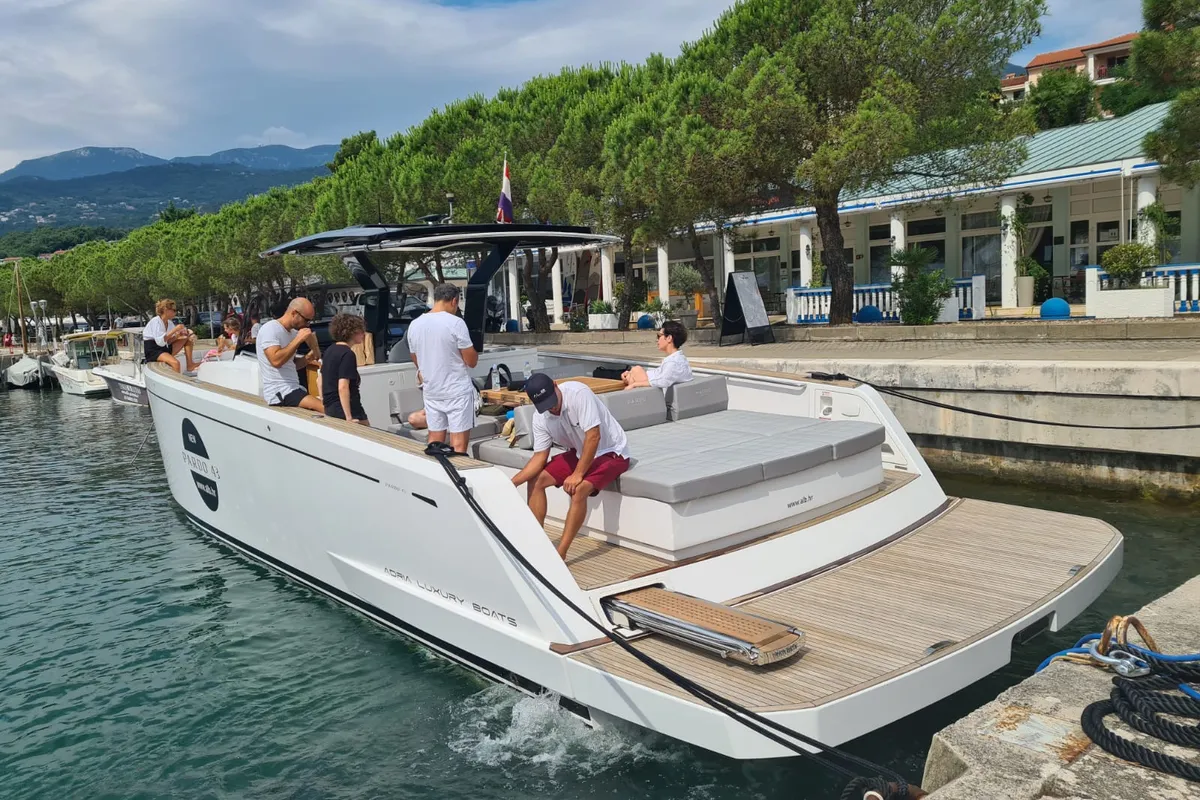 Exterior view of Pardo 43, a Pardo 43 motorboat at Grad Opatija, Croatia