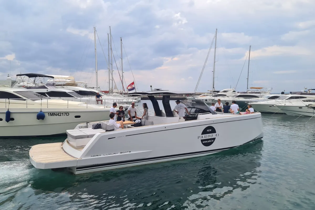 Exterior view of Pardo 43, a Pardo 43 motorboat at Grad Opatija, Croatia