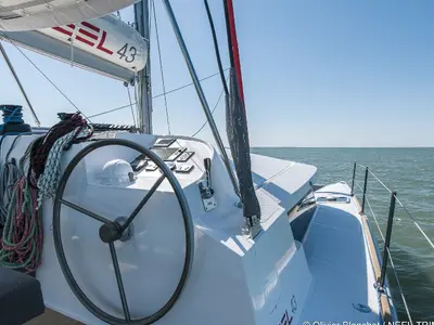 Cockpit of Evidence, a NEEL 43 sailboat at Toulon, France