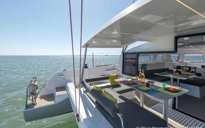 Exterior view of Evidence, a NEEL 43 sailboat at Toulon, France