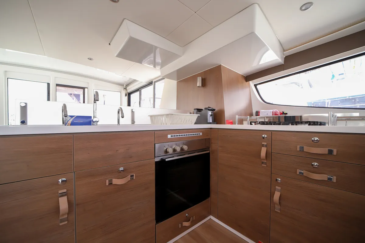 Galley of Avocado, a Bali 4.6 catamaran at Olbia, Italy