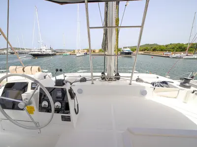 Cockpit of Avocado, a Bali 4.6 catamaran at Olbia, Italy
