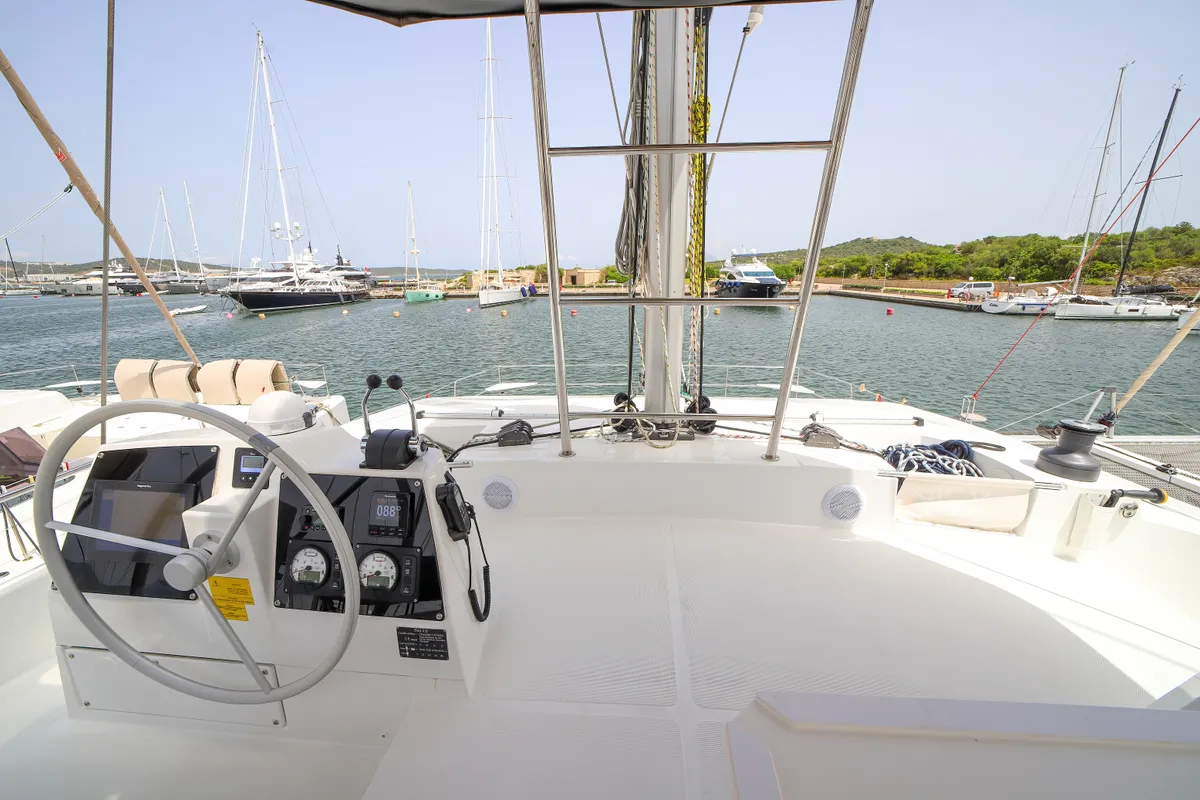 Cockpit of Avocado, a Bali 4.6 catamaran at Olbia, Italy