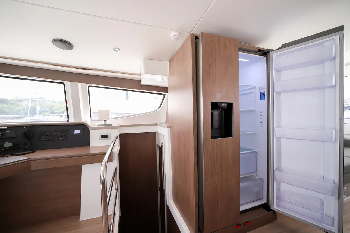 Salon of Avocado, a Bali 4.6 catamaran at Olbia, Italy