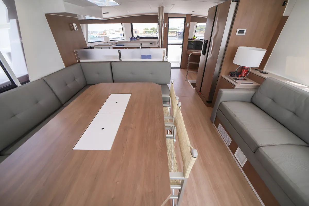 Salon of Avocado, a Bali 4.6 catamaran at Olbia, Italy