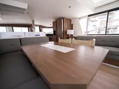 Salon of Avocado, a Bali 4.6 catamaran at Olbia, Italy