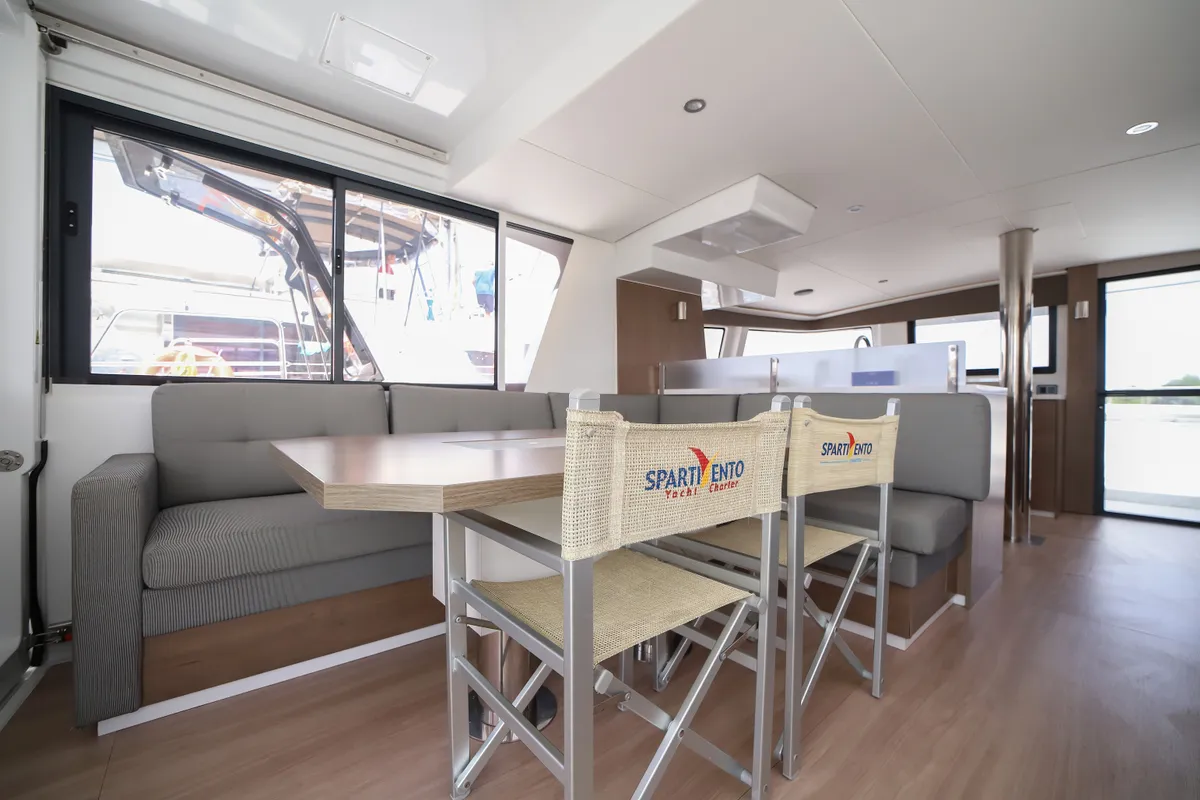 Salon of Avocado, a Bali 4.6 catamaran at Olbia, Italy