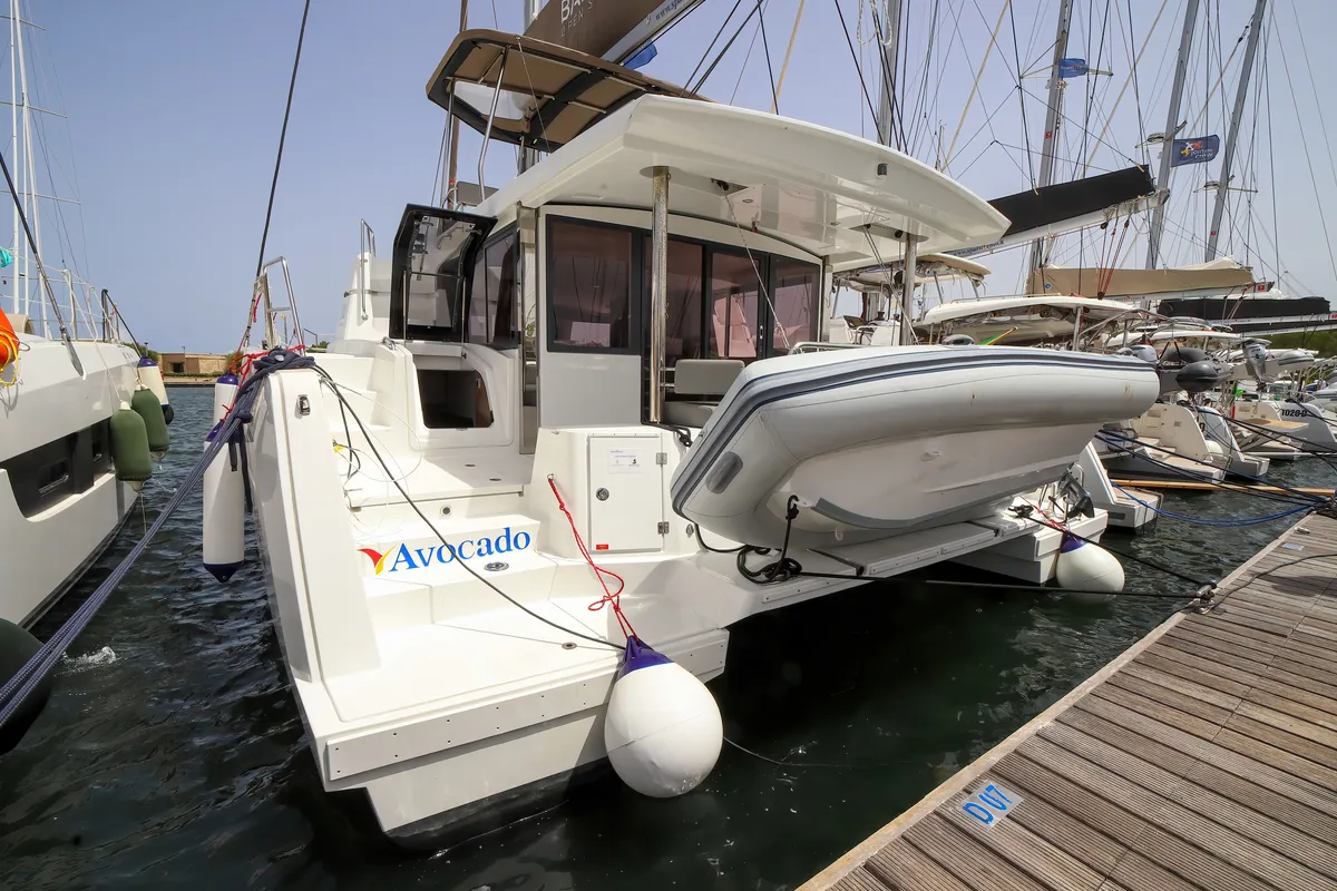 Exterior view of Avocado, a Bali 4.6 catamaran at Olbia, Italy