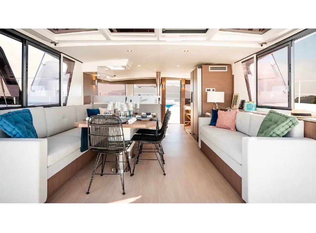 Salon of Avocado, a Bali 4.6 catamaran at Olbia, Italy