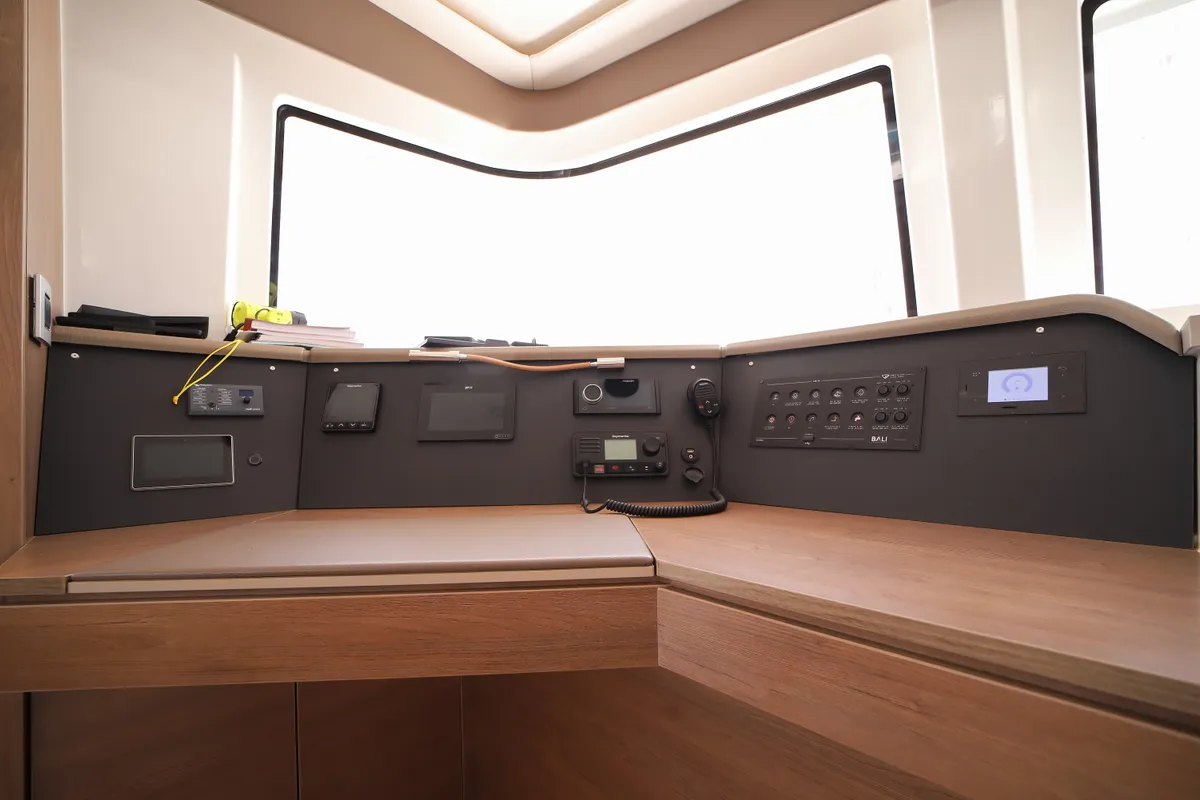 Cockpit of Avocado, a Bali 4.6 catamaran at Olbia, Italy