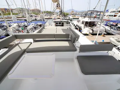 Deck of Avocado, a Bali 4.6 catamaran at Olbia, Italy