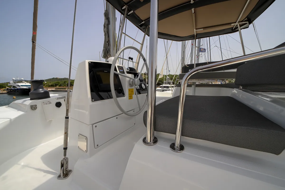 Cockpit of Avocado, a Bali 4.6 catamaran at Olbia, Italy