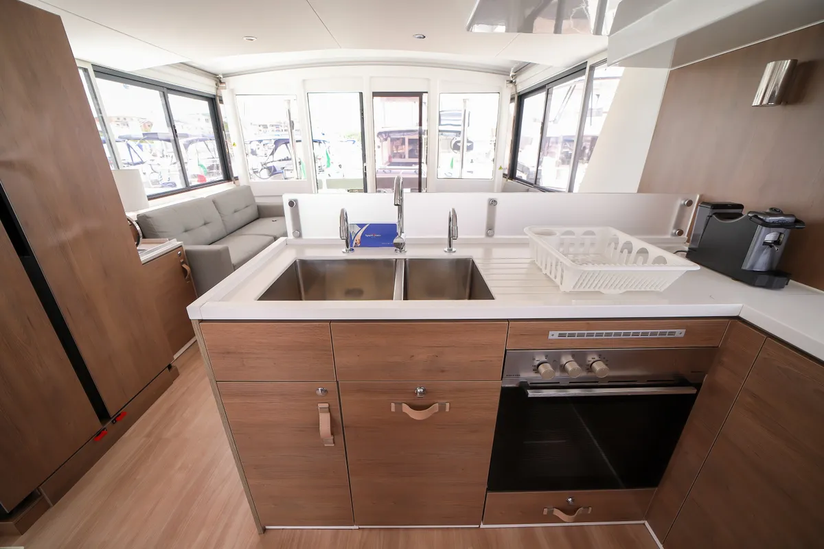 Galley of Avocado, a Bali 4.6 catamaran at Olbia, Italy