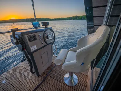 Cockpit of Miami, a Woma D13 motorboat at Fürstenberg/Havel, Germany