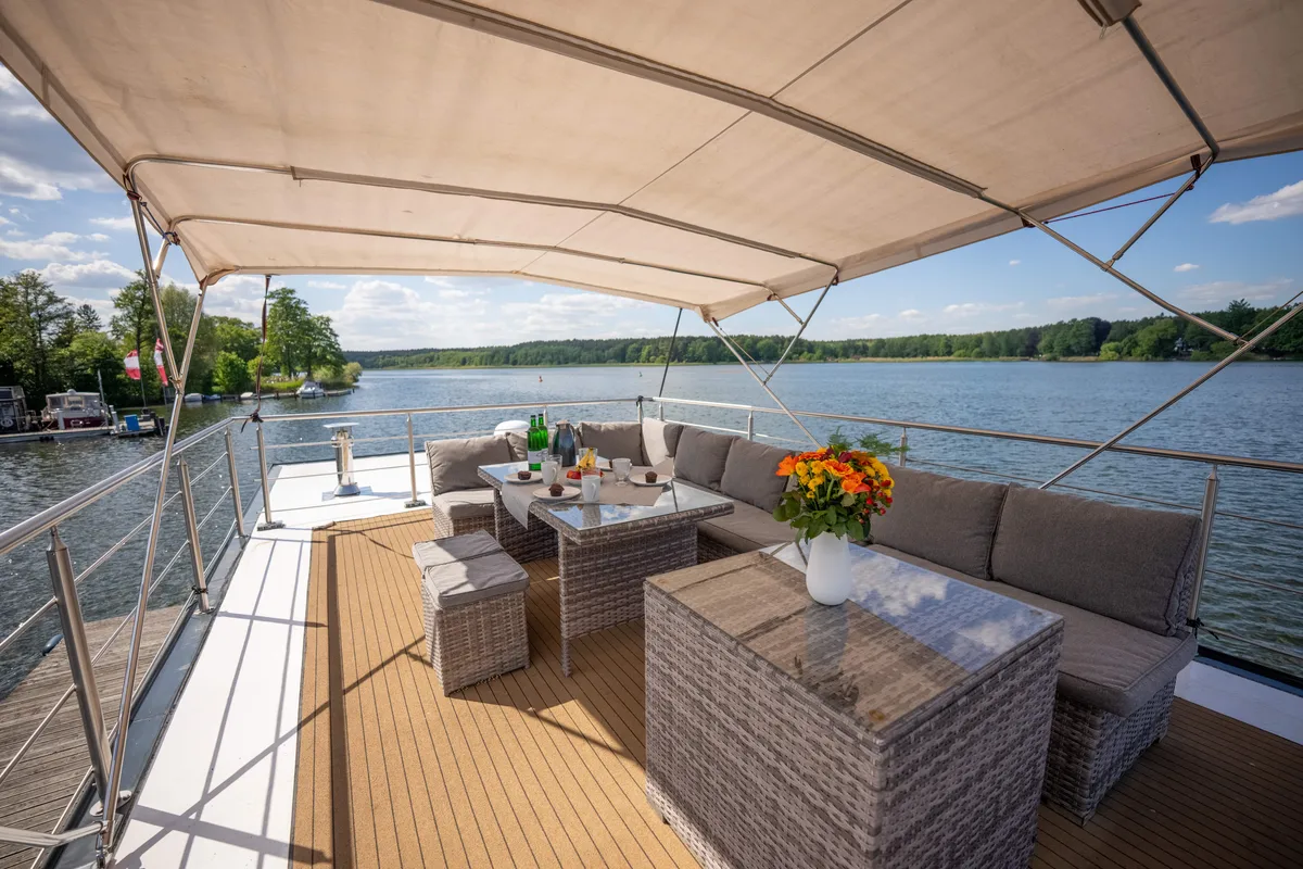 Deck of Miami, a Woma D13 motorboat at Fürstenberg/Havel, Germany