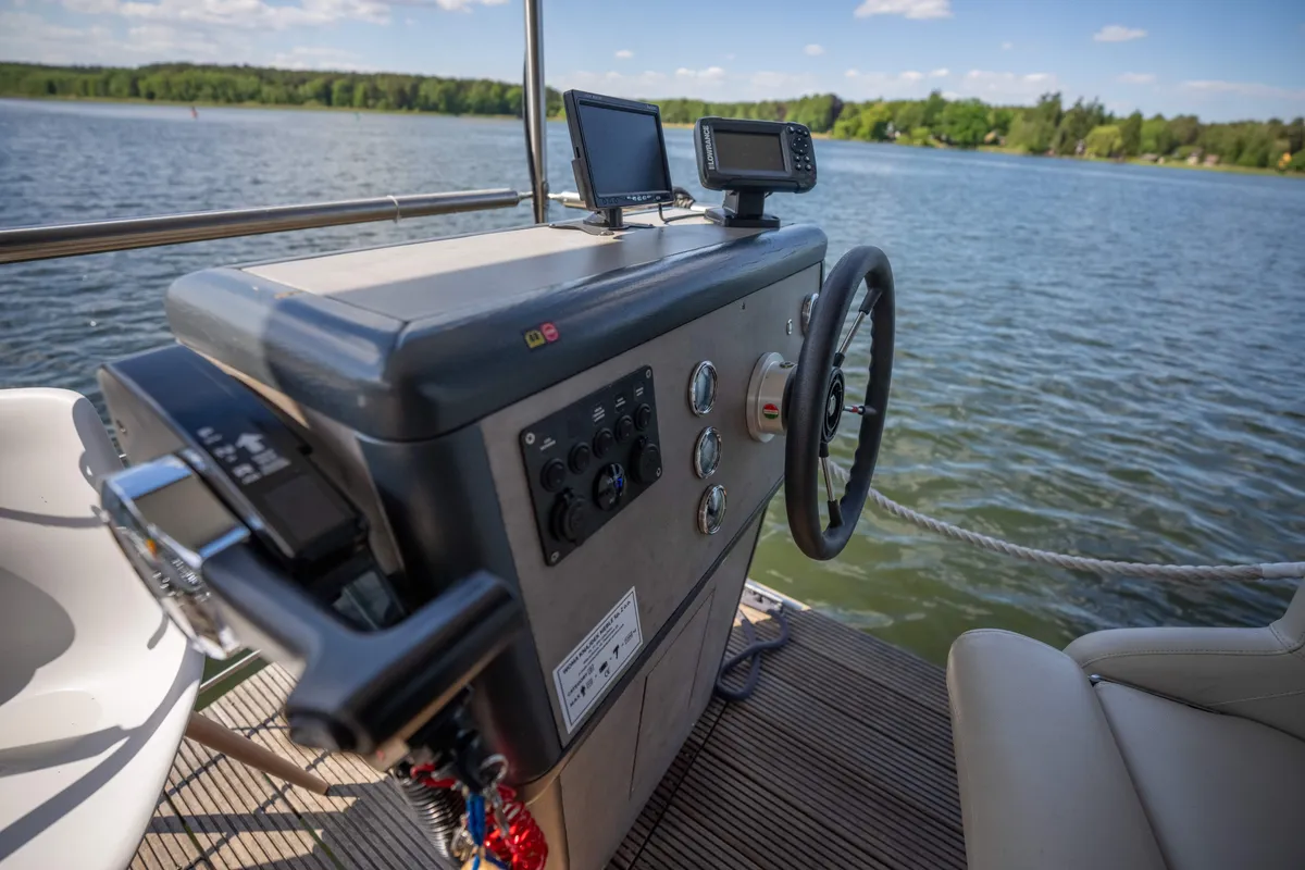 Cockpit of Miami, a Woma D13 motorboat at Fürstenberg/Havel, Germany