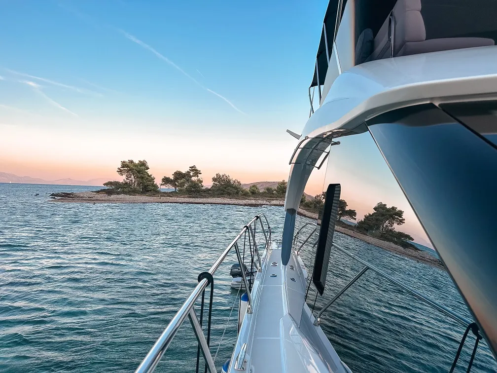 Exterior view of Nora, a Beneteau Monte Carlo 52 motorboat at Seget Donji, Croatia