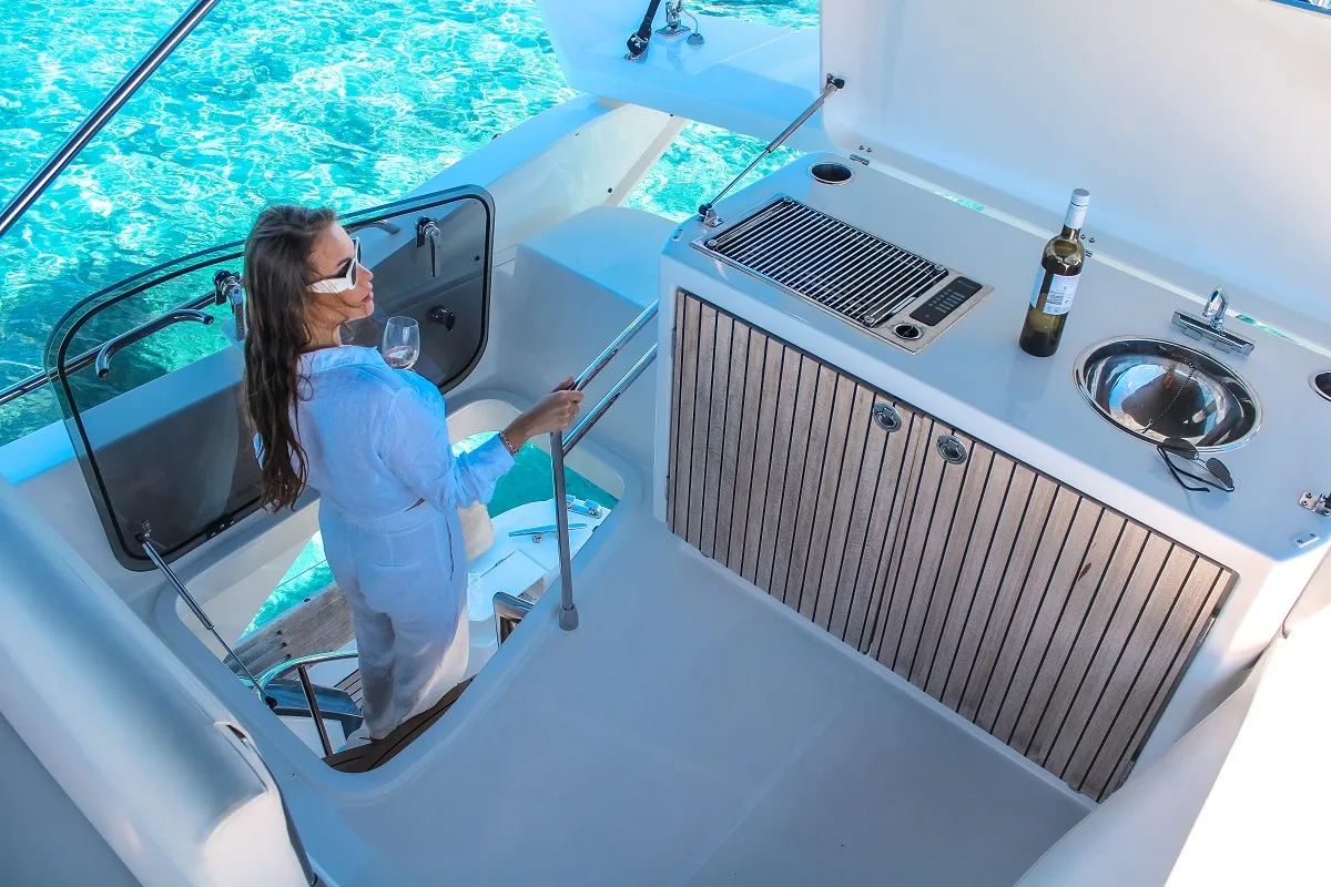 Deck of Nora, a Beneteau Monte Carlo 52 motorboat at Seget Donji, Croatia