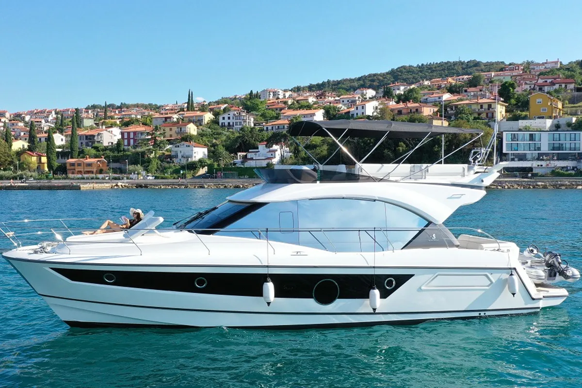 Exterior view of Nora, a Beneteau Monte Carlo 52 motorboat at Seget Donji, Croatia