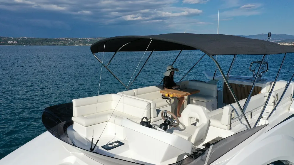 Deck of Nora, a Beneteau Monte Carlo 52 motorboat at Seget Donji, Croatia