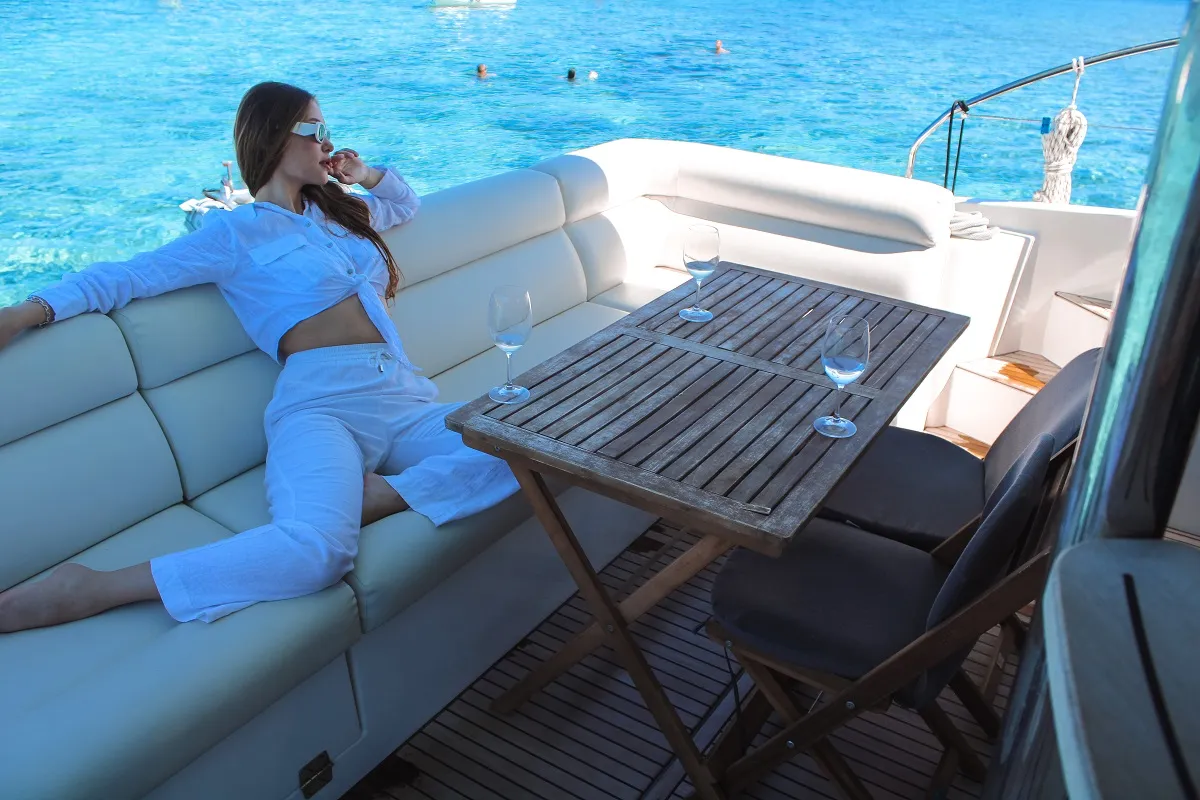 Deck of Nora, a Beneteau Monte Carlo 52 motorboat at Seget Donji, Croatia