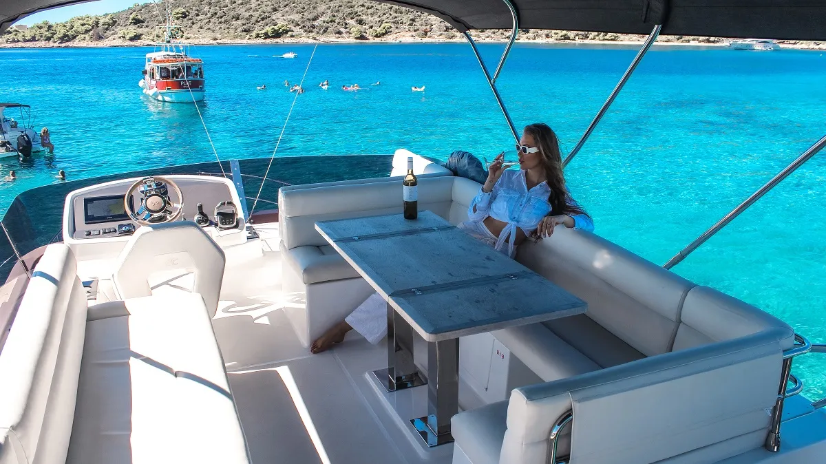Deck of Nora, a Beneteau Monte Carlo 52 motorboat at Seget Donji, Croatia