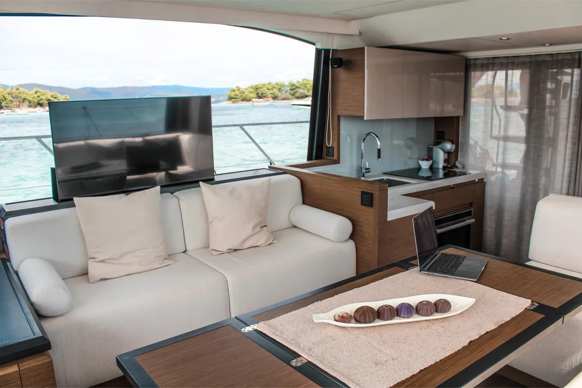 Salon of Nora, a Beneteau Monte Carlo 52 motorboat at Seget Donji, Croatia