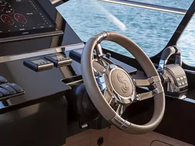 Cockpit of Nora, a Beneteau Monte Carlo 52 motorboat at Seget Donji, Croatia