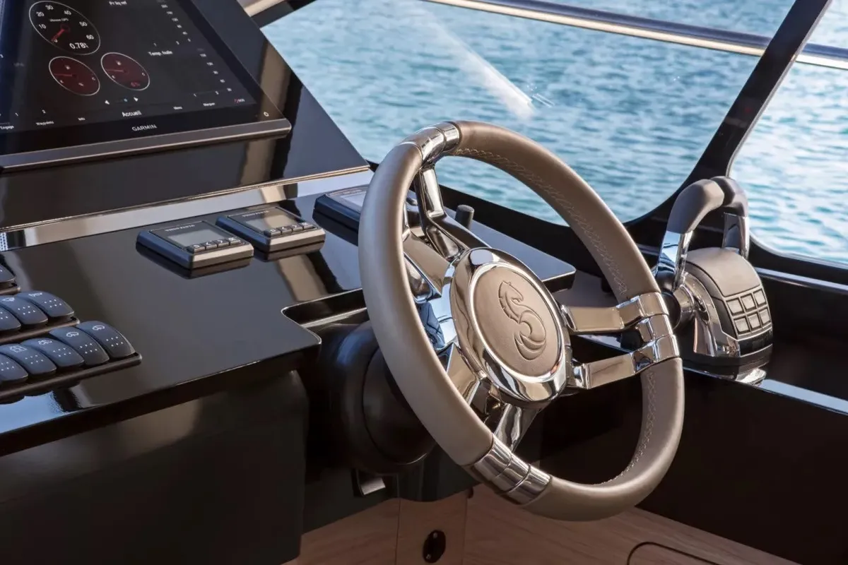 Cockpit of Nora, a Beneteau Monte Carlo 52 motorboat at Seget Donji, Croatia