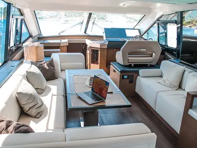 Salon of Nora, a Beneteau Monte Carlo 52 motorboat at Seget Donji, Croatia