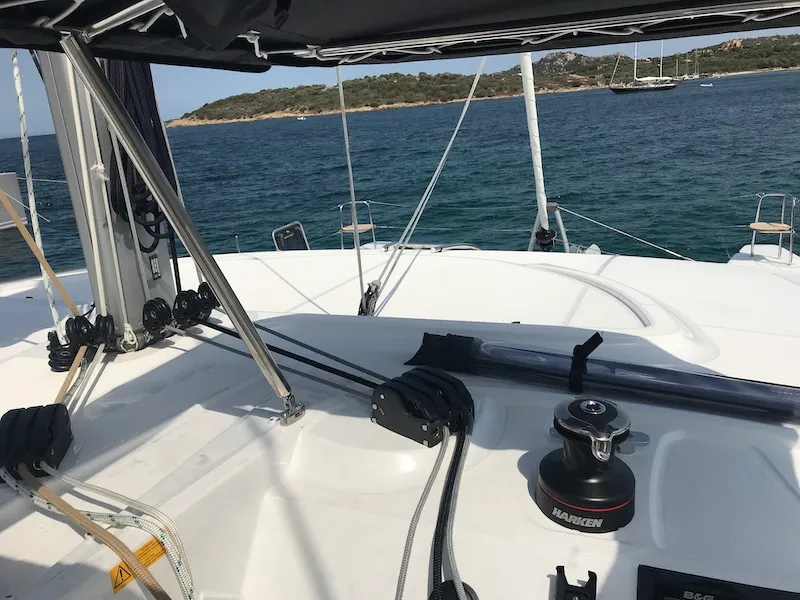Cockpit of Freccia, a Lagoon 40 catamaran at Santu Diadòru/San Teodoro, Italy