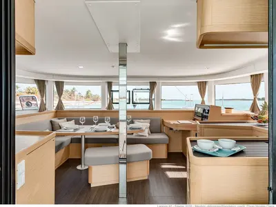 Salon of Zil II, a Lagoon 42 catamaran at Roche Caiman, Seychelles