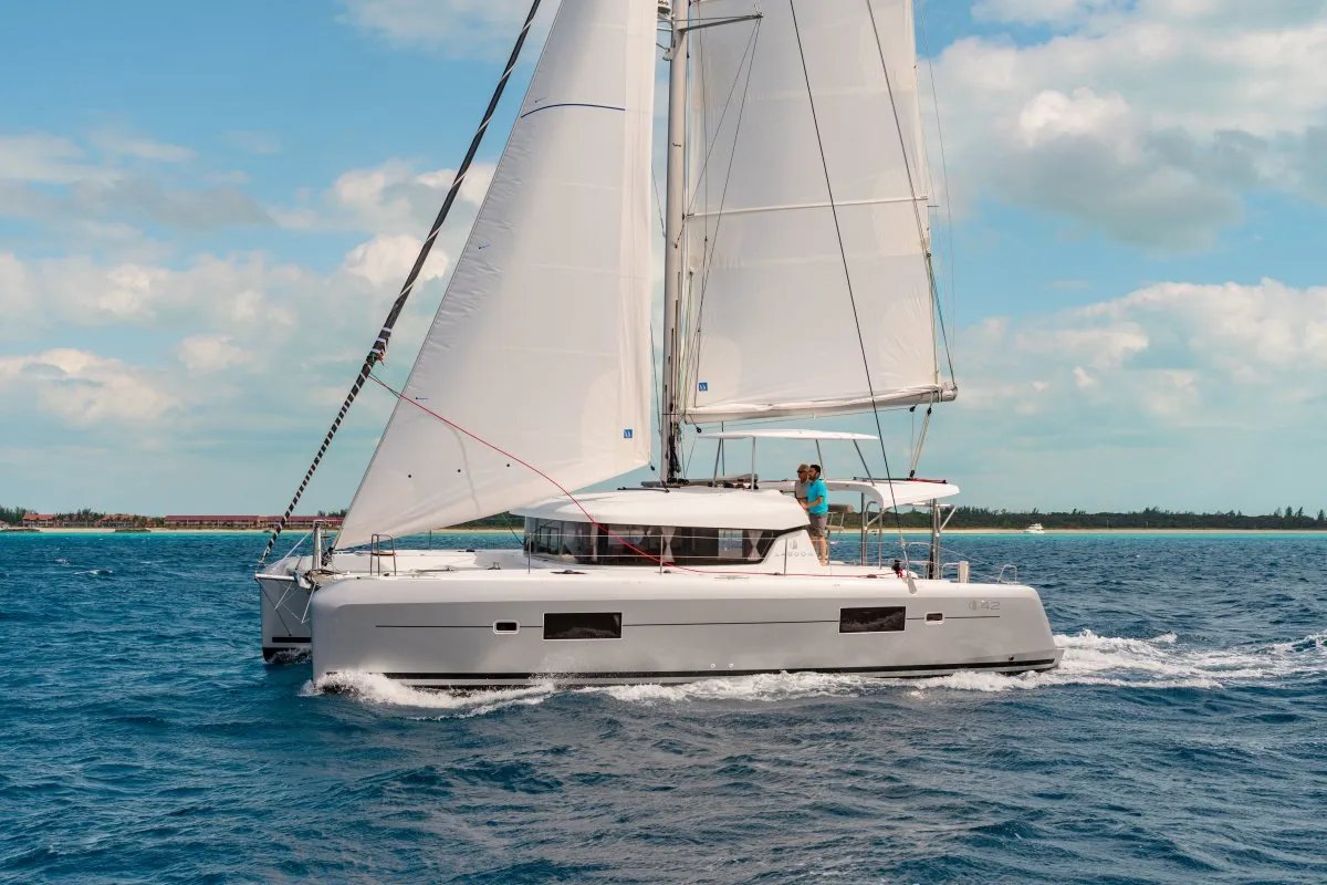 Exterior view of Zil II, a Lagoon 42 catamaran at Roche Caiman, Seychelles