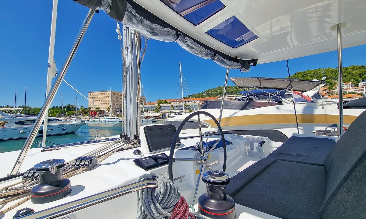 Cockpit of Felicita, a Lagoon 46 catamaran at Split, Croatia