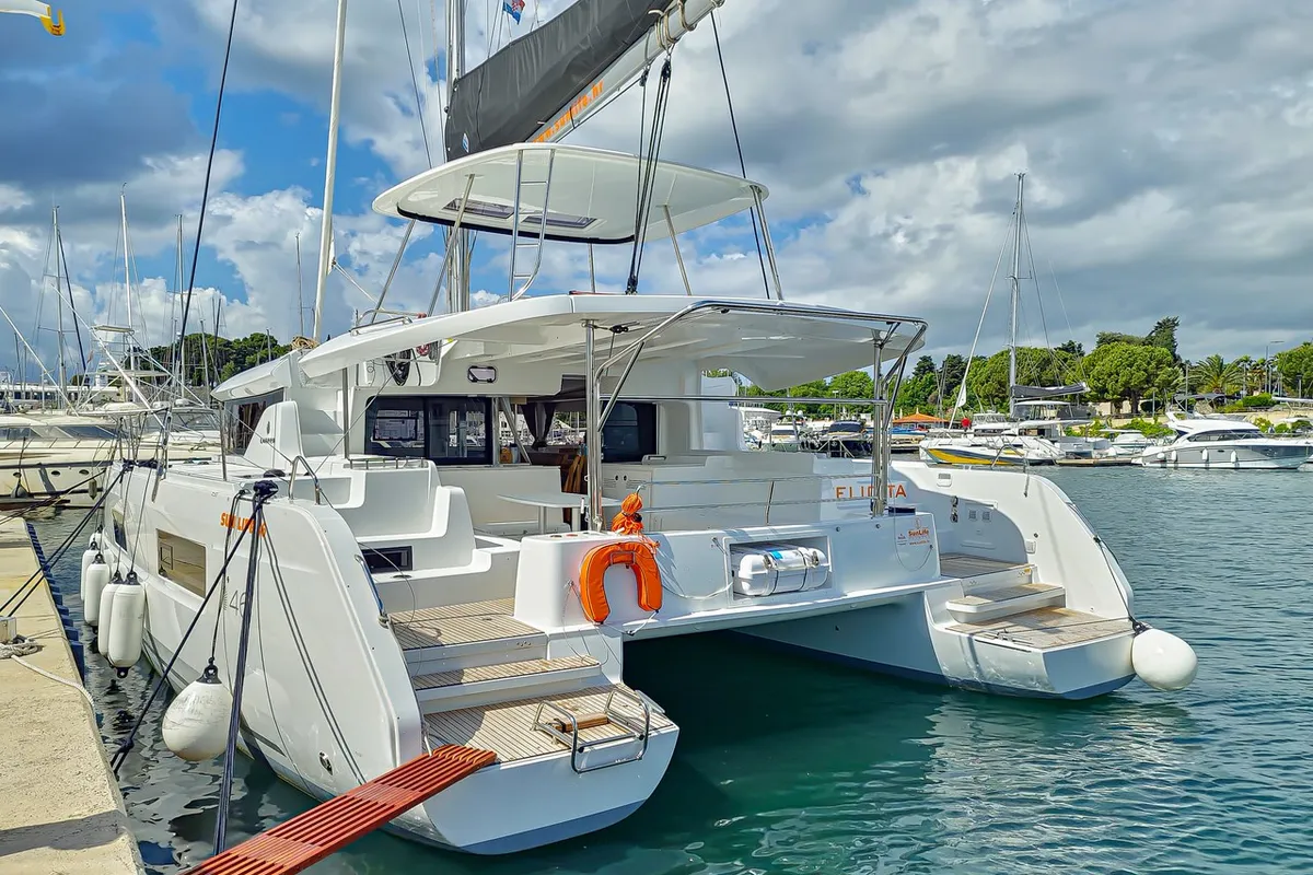 Exterior view of Felicita, a Lagoon 46 catamaran at Split, Croatia