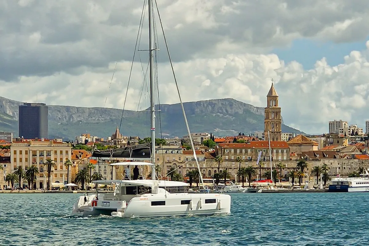 Exterior view of Felicita, a Lagoon 46 catamaran at Split, Croatia