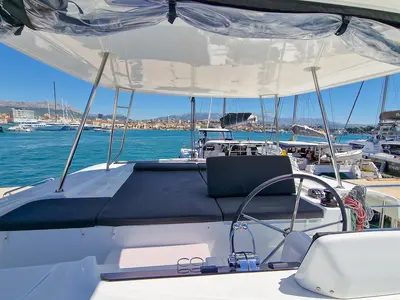 Cockpit of Felicita, a Lagoon 46 catamaran at Split, Croatia