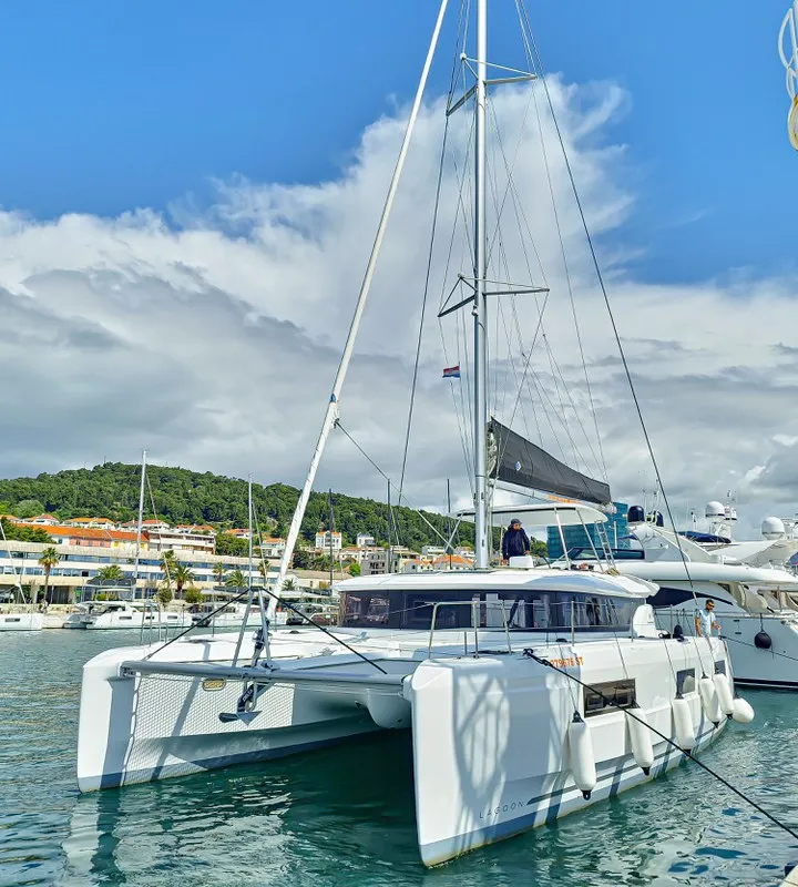 Exterior view of Felicita, a Lagoon 46 catamaran at Split, Croatia