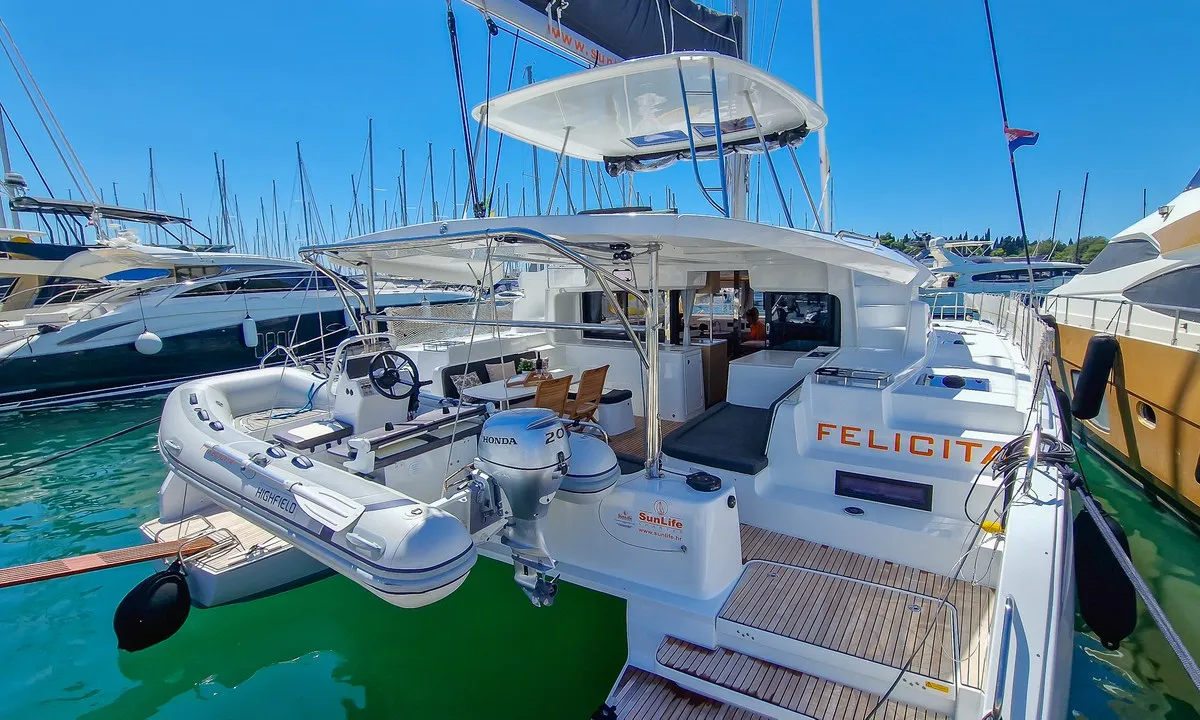 Exterior view of Felicita, a Lagoon 46 catamaran at Split, Croatia