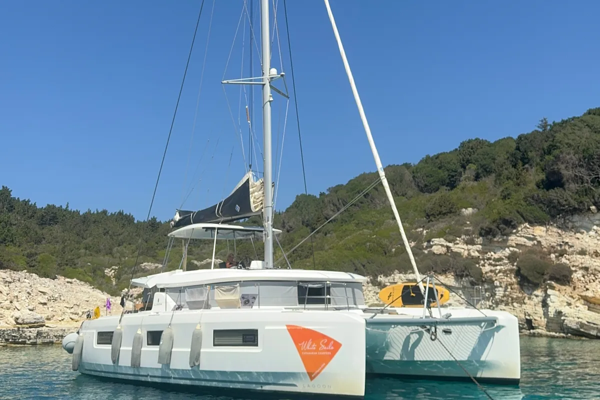 Exterior view of Aurora, a Lagoon 46 catamaran at Anaktorio, Greece