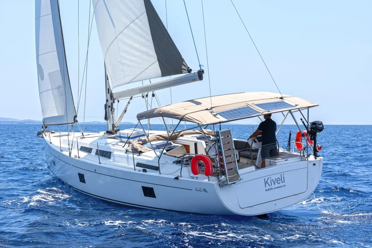Exterior view of Kiveli, a Hanse 458 sailboat at Lavreotiki Municipal Unit, Greece