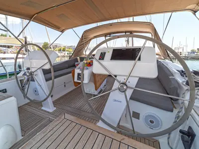 Cockpit of Kiveli, a Hanse 458 sailboat at Lavreotiki Municipal Unit, Greece