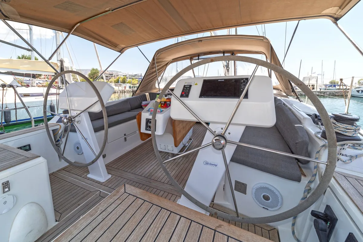 Cockpit of Kiveli, a Hanse 458 sailboat at Lavreotiki Municipal Unit, Greece