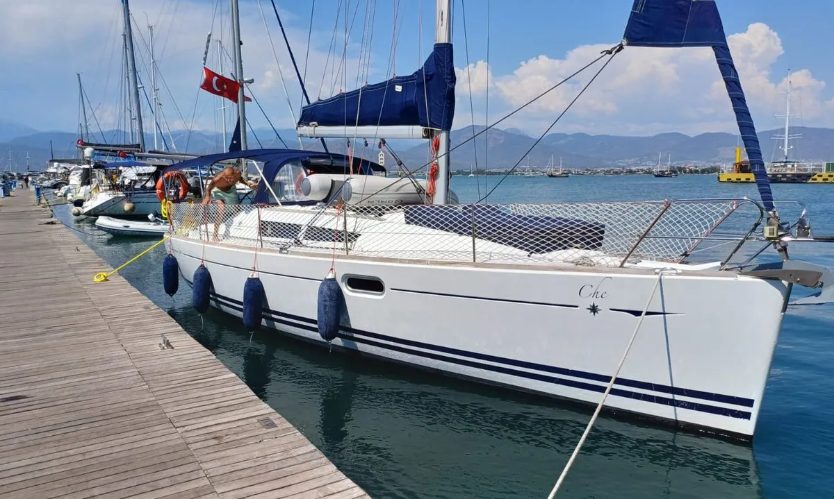 Exterior view of Che, a Jeanneau Sun Odyssey 36i sailboat at Fethiye, Turkey