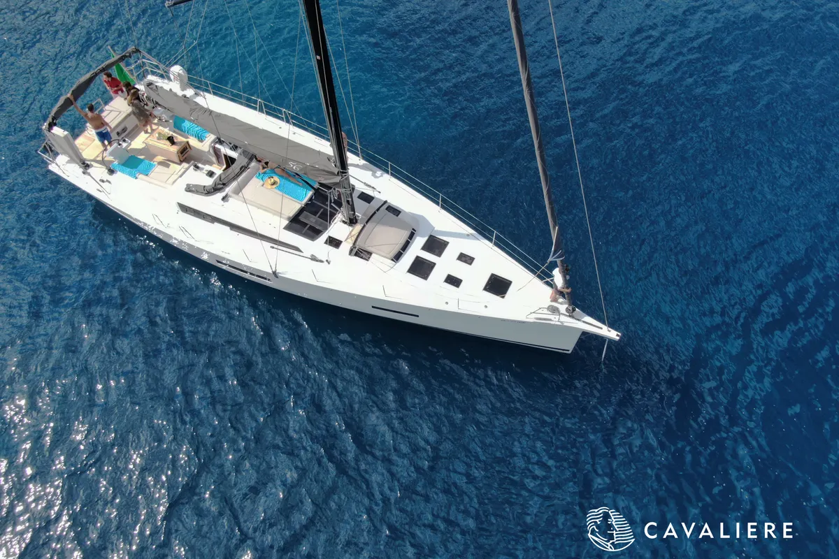 Exterior view of Premium, a Dufour 56 Exclusive sailboat at Castellammare del Golfo, Italy
